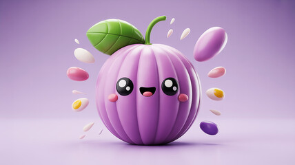 Naklejka premium Photo of cute purple plum character with flying candies