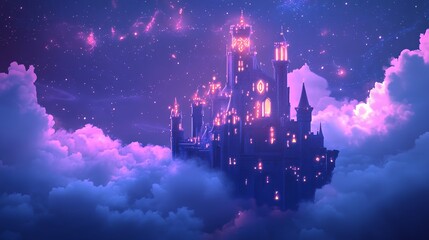 Obraz premium Enchanting Castle Above Clouds Night Sky