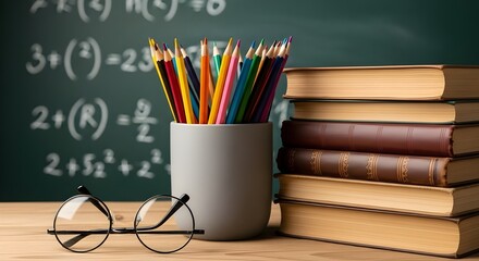 Colorful pencils glasses and books on desk before blackboard