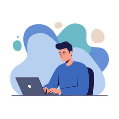 A young man in a blue sweater sits at a desk, focused on working and typing on his laptop computer.