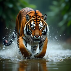 Naklejka premium Powerful bengal tiger stalking through shallow water with splashing water droplets