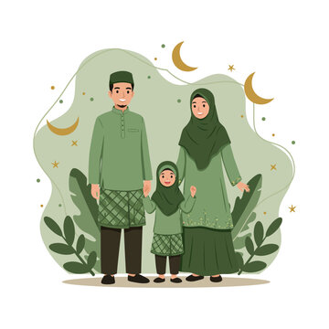 A smiling Muslim family of three in matching green traditional attire celebrating together.