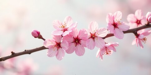 Obraz premium Delicate Pink Blossoms on a Branch in Gentle Sunlight, a Symbol of Spring's Arrival