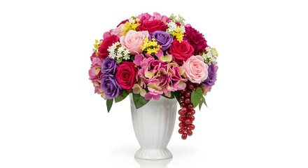 Vibrant Bouquet of Pink and Purple Artificial Flowers in a White Vase, Isolated on White Background