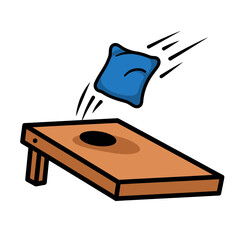 Cartoon Cornhole Game Blue Beanbag Flying Towards Wooden Board