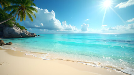 Fototapeta premium Tropical beach with palm trees under sunny blue sky by the ocean