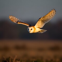 Fototapeta premium Majestic barn owl in flight over a field at dusk