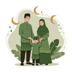 A joyful Muslim family portrait of a father, mother, and son in matching green traditional attire, celebrating together under crescent moons.