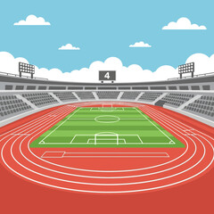 A Detailed Stadium Illustration Featuring a Soccer Field Running Track and Scoreboard