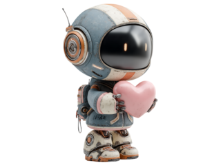 Retro robot holding pink heart valentines day ai, Isolated On White, Transparent Background, Png
