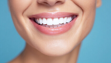 Obraz premium Beautiful woman smiling with perfect white teeth on a blue background)