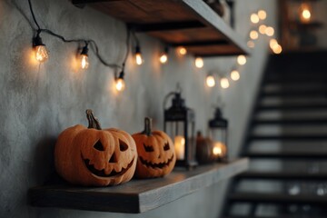 Fototapeta premium Cozy Autumn Decor Featuring Jack-o'-Lanterns and Warm Lights