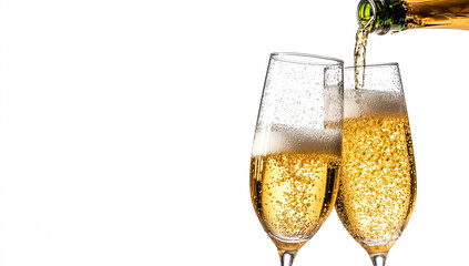 Champagne or beer being poured into two glasses on a white background. Isolated,