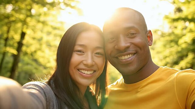 Couple Selfie Outdoors Sunny Day Portrait Smiling Faces Nature Background