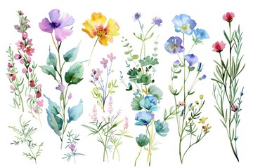 Wild flowers, Watercolor floral, green leaves branches collection, frame border, templates wedding flower