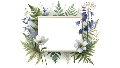 Fototapeta premium Elegant floral frame with delicate white flowers and bluebells surrounding a blank white space