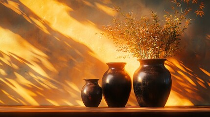 Vibrant golden light bringing black altar vases to life