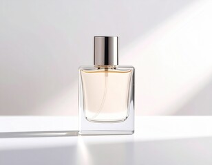 Elegant square perfume bottle with golden liquid and silver cap, minimalist style