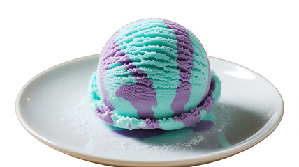 Photo of a scoop of mint and purple ice cream on a plate