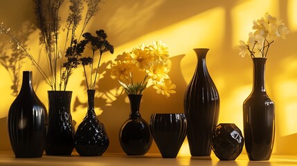 Vibrant golden light bringing black altar vases to life