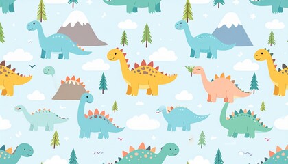 "Seamless Cute Cartoon Dinosaur Pattern for Baby and Kids"