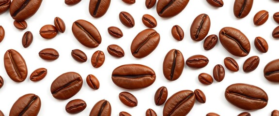 Obraz premium Seamless pattern of brown coffee bean silhouettes on white background, cafe, beans