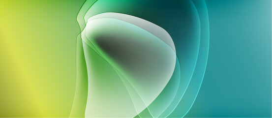 Abstract fluid shapes blend yellow, green, blue hues. Smooth gradients create soft, organic forms. Minimalist design evokes calm atmosphere.