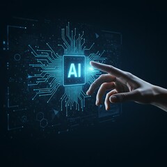 Finger touching a high tech glowing AI words with glowing circuit pattern 