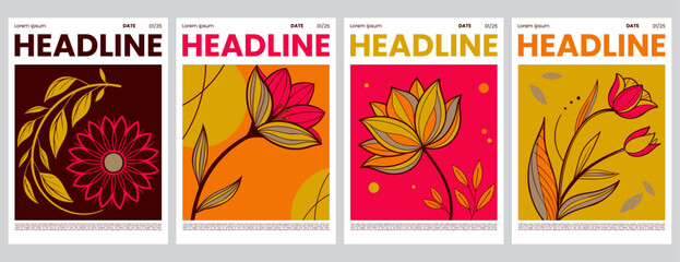 Modern Floral Poster Set with gold tones
