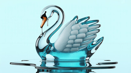 Photo of a clear glass swan rests on a watery surface
