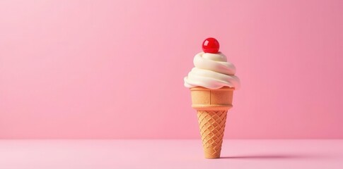 A Single Scoop of Vanilla Ice Cream in a Waffle Cone Topped with a Red Cherry on a Pink Background