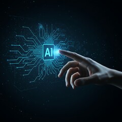 Human finger touching a glowing holographic AI word with glowing circuit pattern
