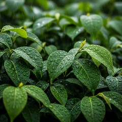 Close-up view of lush green leaves covered in raindrops.