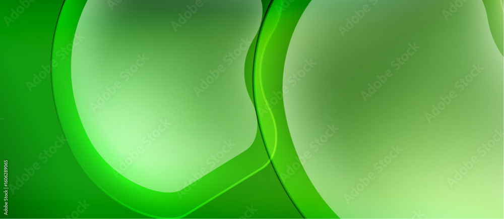 Poster abstract green background. smooth curves create dynamic shapes, gradients suggest depth. modern desi