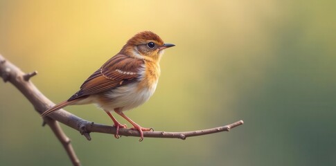 A small brown bird perched delicately on a slender branch, bathed in the soft glow of the setting sun, its feathers catching the warm light