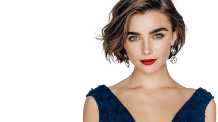 A woman with short hair and red lipstick is wearing a blue dress and earrings. She is posing for a photo