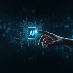 Person hand touching a glowing AI chip with circuit pattern on black background, symbolizing AI for the future 
