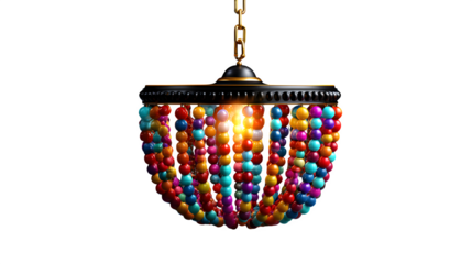 Hanging chandelier with colorful glass beads glowing isolated on transparent background