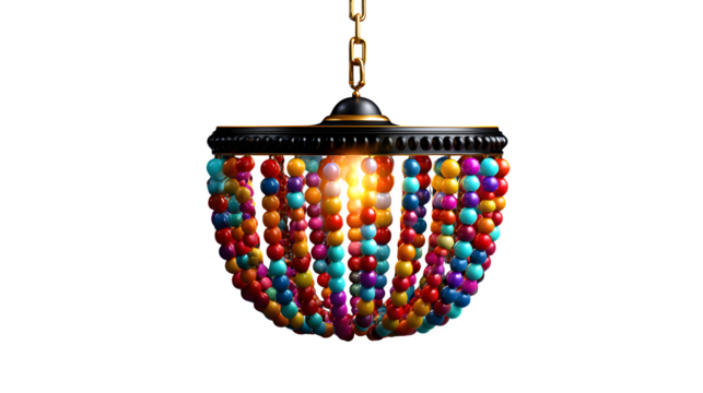 Hanging chandelier with colorful glass beads glowing isolated on transparent background