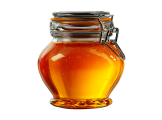 Golden honey in a glass jar with metal clasp, Isolated On White, Transparent Background, Png