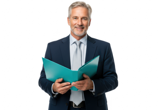 Distinguished senior caucasian man in suit opening turquoise folder isolated on white isolated on transparent background