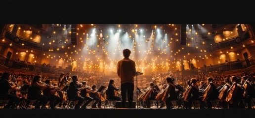 A conductor leads an orchestra in a grand hall illuminated by warm lights.