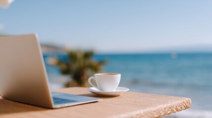 Laptop on a wooden table beside a white coffee cup, overlooking a serene beach with clear blue water and palm trees, creating a tranquil work environment by the sea