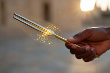 Hand holding a golden tuning fork, emitting soft glowing light, against a blurred background, capturing the essence of sound and harmony in a serene environment