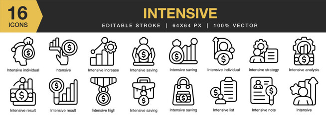Intensive icon set. Editable Stroke Icon Collection. Includes business, investment, finance, financial, growth, and More. Outline icons vector collection.