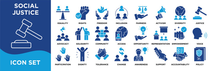 SOCIAL JUSTICE. icon collection set. Containing equality,rights,freedom,inclusion,diversity,fairness,activism,advocacy,justice,liberty icon. dual tone vector.