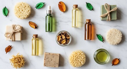 Aesthetic flat lay composition of natural spa products on a white marble surface