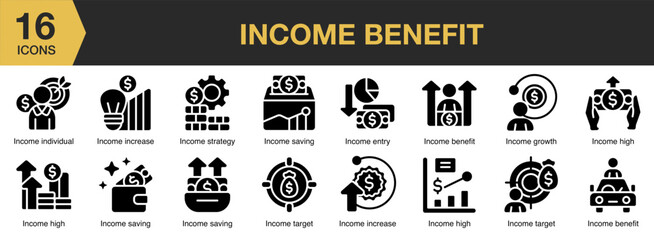 Income Benefits solid icon set. Includes benefit, money, income, business, profit, and More. Solid icons vector collection.