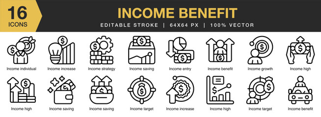 Income Benefits icon set. Editable Stroke Icon Collection. Includes investment, growth, finance, economy, financial, and More. Outline icons vector collection.