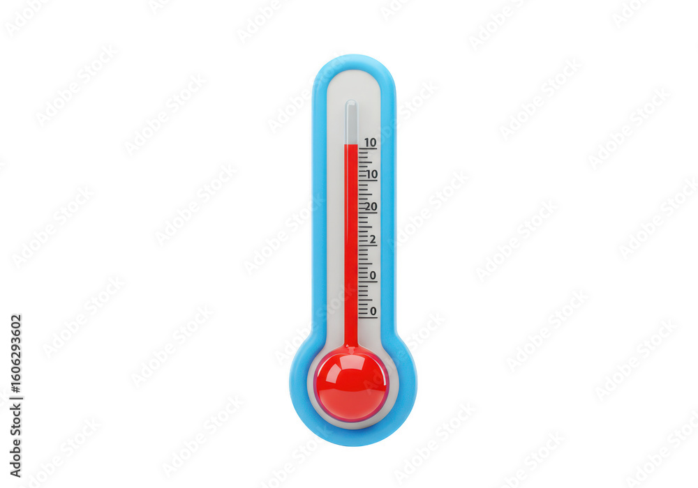 Poster a blue and white thermometer with a red liquid column indicating a temperature reading against a tra